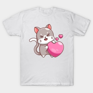 Cute cat with love heart cartoon T-Shirt